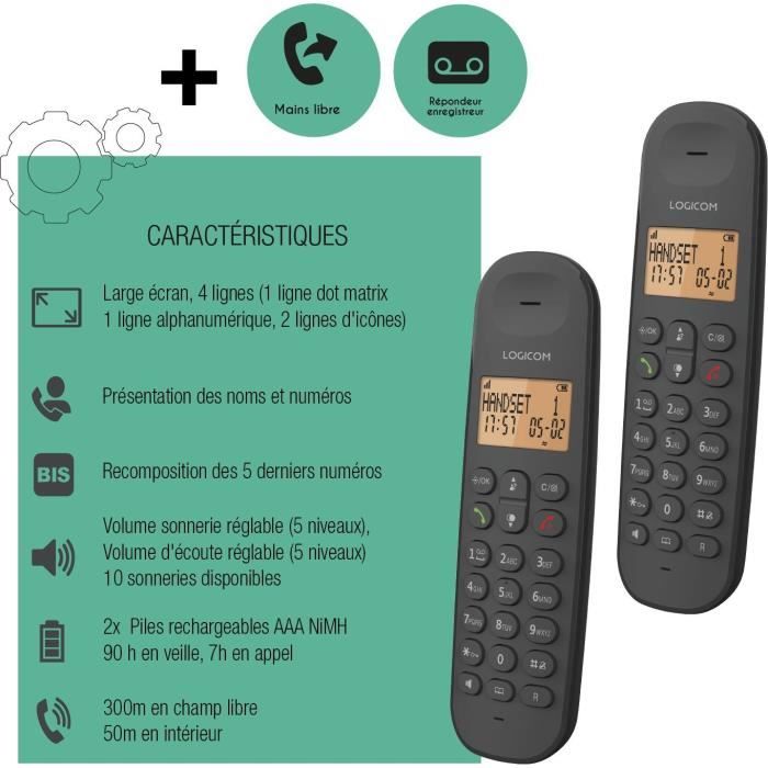 Téléphone fixe sans fil - LOGICOM - DECT ILOA 255T DUO - Noir - Avec répondeur