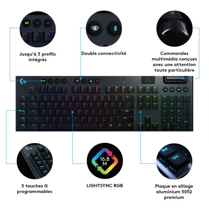 Clavier gamer - Sans fil - Logitech G - G915 Lightspeed - Switch GL Tactile - AZERTY - Noir