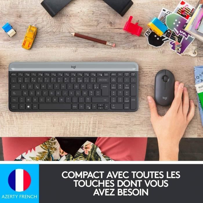 Ensemble Clavier Souris - Sans fil - Logitech - MK470 Slim - Silencieux - AZERTY - Noir