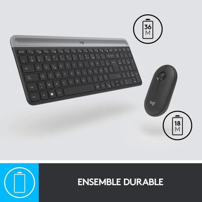 Ensemble Clavier Souris - Sans fil - Logitech - MK470 Slim - Silencieux - AZERTY - Noir