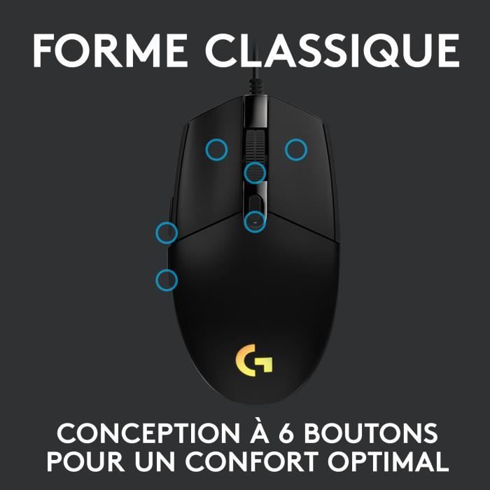 Souris gamer - Filaire - Logitech G - G203 - Lightsync - RGB - USB - Noir