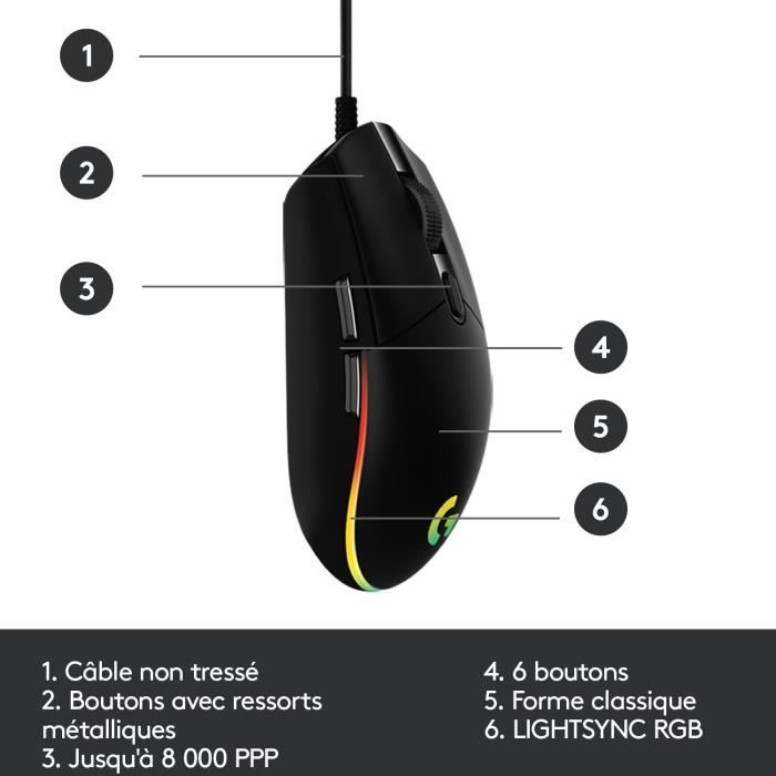 Souris gamer - Filaire - Logitech G - G203 - Lightsync - RGB - USB - Noir