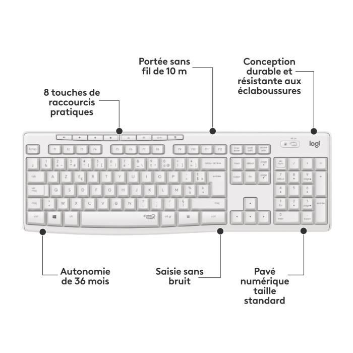 Ensemble clavier souris - Sans fil - Logitech - MK295 - Silencieux - AZERTY - Blanc