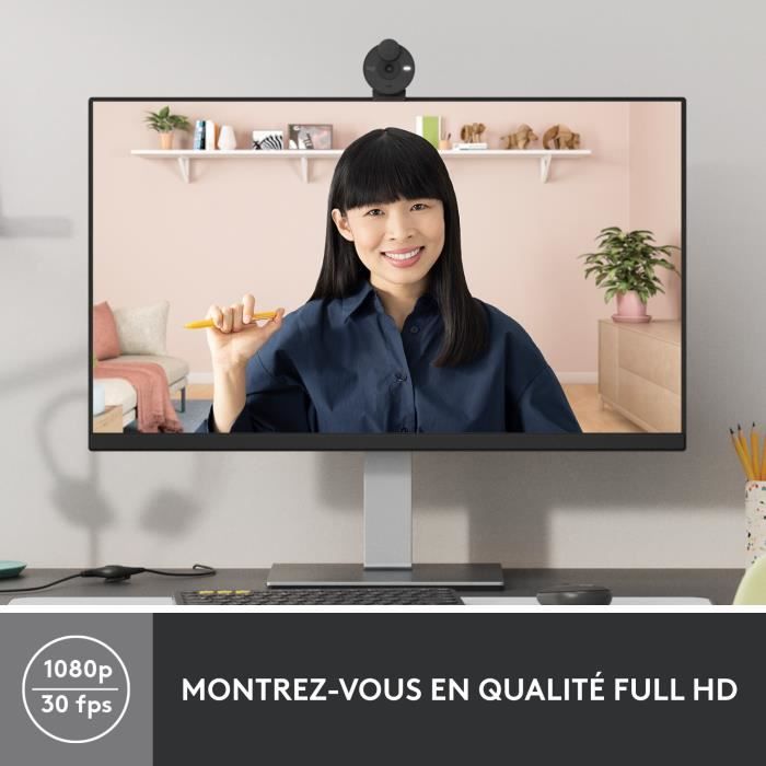 Webcam - Full HD 1080p - Logitech - Brio 300 - Microphone intégré avec réduction de bruit - Obstrurateur - Graphite