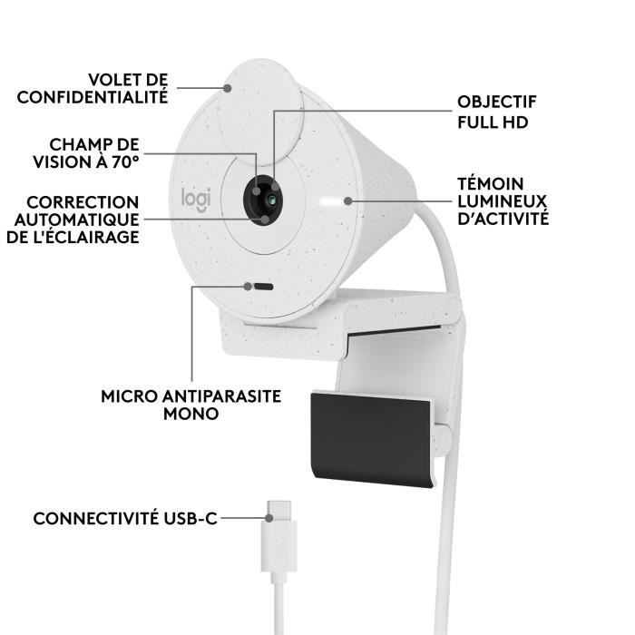 Webcam Logitech Brio 300 Full HD avec confidentialite, micro a reduction de bruit, USB-C - Blanc