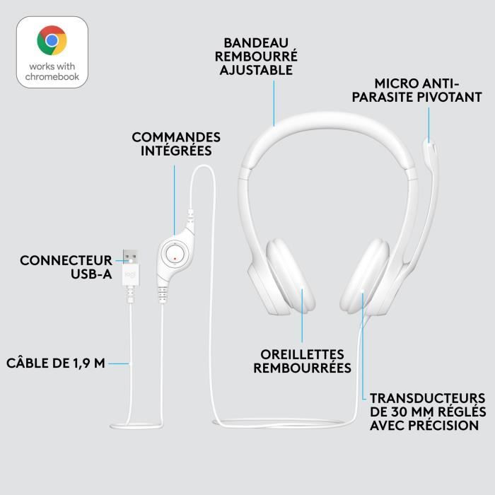 Casque - Filaire - Logitech - H390 - Stéréo, Microphone intégré, Antibruit - Blanc