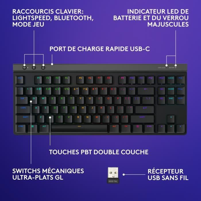 Clavier gamer - Sans fil - Logitech G  - G515 Lightspeed TKL - Switch GL Tactile - AZERTY - Noir