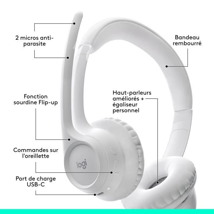 Casque PC Logitech Zone 300 Bluetooth sans fil avec microphone anti-parasite - Blanc