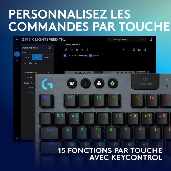 Clavier gamer - sans fil - Logitech G - G915 TKL X - Switch tactile  - AZERTY - Noir