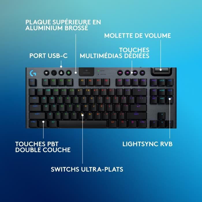 Clavier gamer - sans fil - Logitech G - G915 TKL X - Switch tactile  - AZERTY - Noir