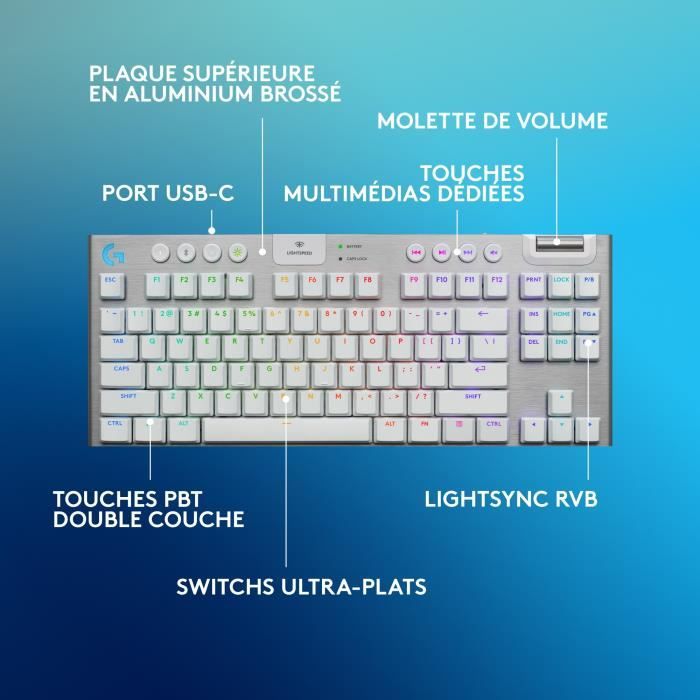 Clavier gamer - sans fil - Logitech G - G915 TKL X - Switch tactile  - AZERTY - Blanc