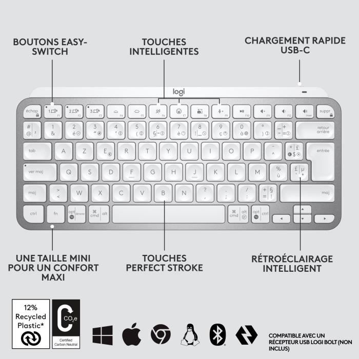 Clavier - Sans fil - Logitech - Mx Keys Mini - Rétroéclairé - AZERTY - Gris clair