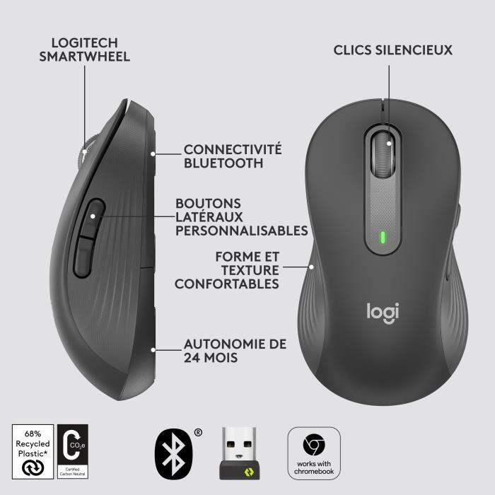 Souris - Sans fil - Logitech - M650 - Gaucher - Graphite