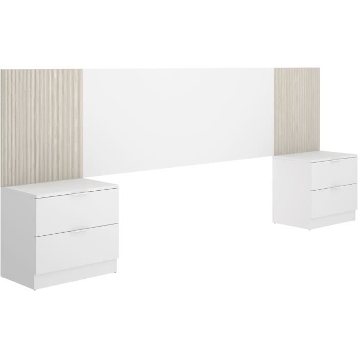 Ensemble tete de lit + 2 tables de nuit avec 2 tiroirs - LOMA - Blanc / Bois - 258,6 x 34,2 x 106 cm