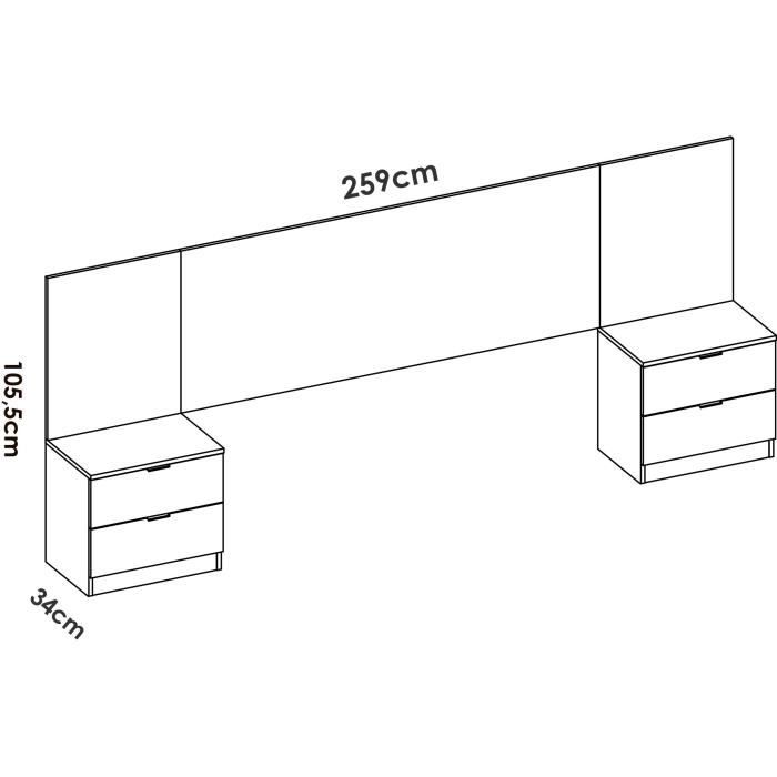 Ensemble tete de lit + 2 tables de nuit avec 2 tiroirs - LOMA - Blanc / Bois - 258,6 x 34,2 x 106 cm