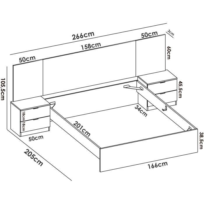 Ensemble structure de lit + tete de lit et 2 tables de nuit avec 2 tiroirs - LOMA - 160 x 200 cm - Chene naturel / Blanc