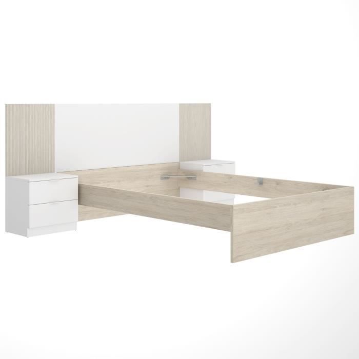 Ensemble structure de lit + tete de lit et 2 tables de nuit avec 2 tiroirs - LOMA - 160 x 200 cm - Chene naturel / Blanc