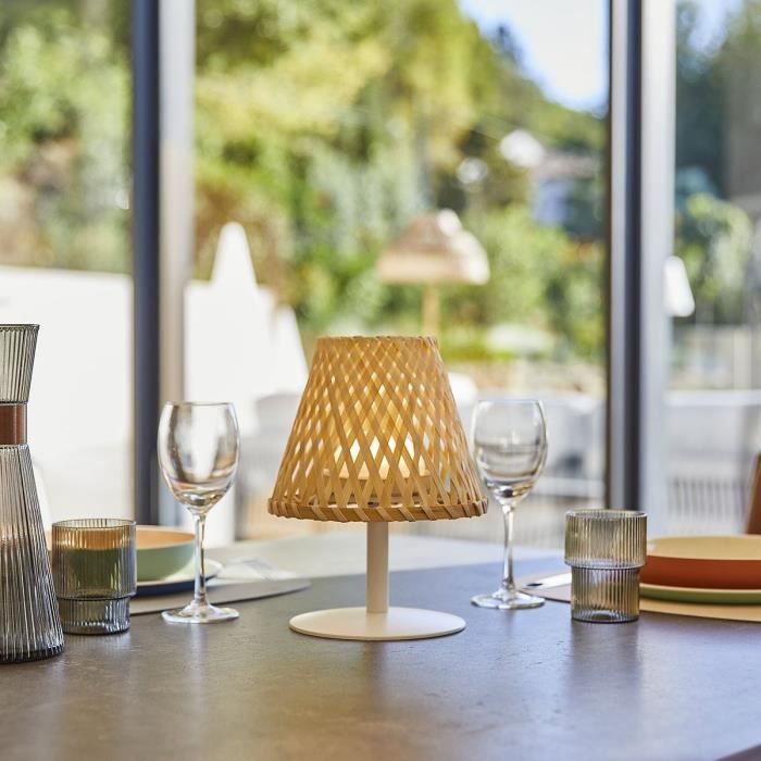 Lampe de table sans fil - LUMISKY - IBIZA - H26 cm - Bambou naturel - LED blanc chaud et blanc