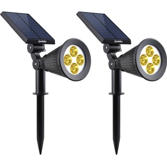 Lot de 2 projecteurs solaires a LED Spiky - LUMI JARDIN - 200 Lumens - Blanc chaud - Etanche - 34 cm