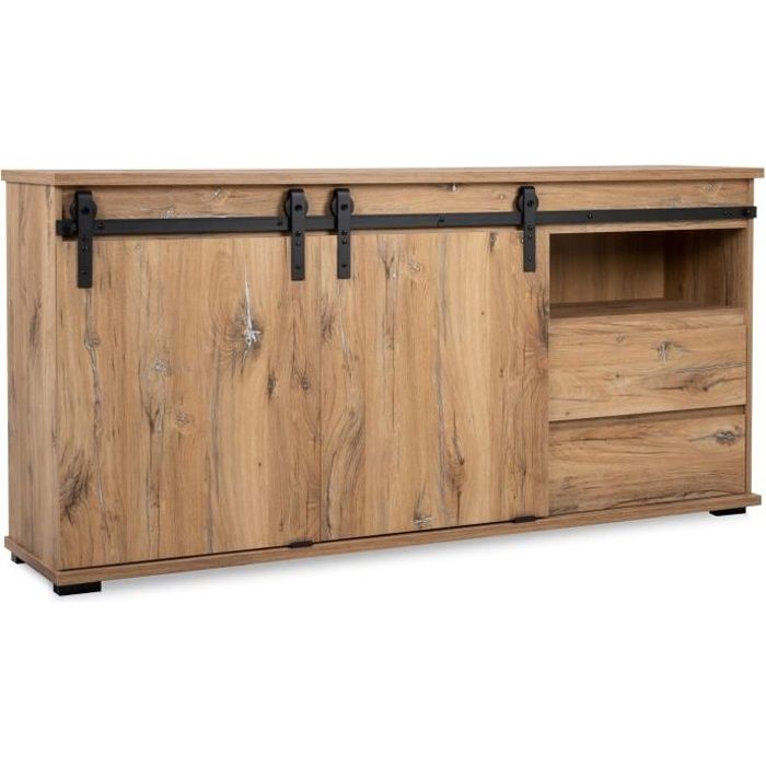 Buffet Manzano - Panneaux de particules - Chene Flagstaff - 2 portes coulissantes, 2 tiroirs, 1 niche - L 180 x H 87 x l 40 cm