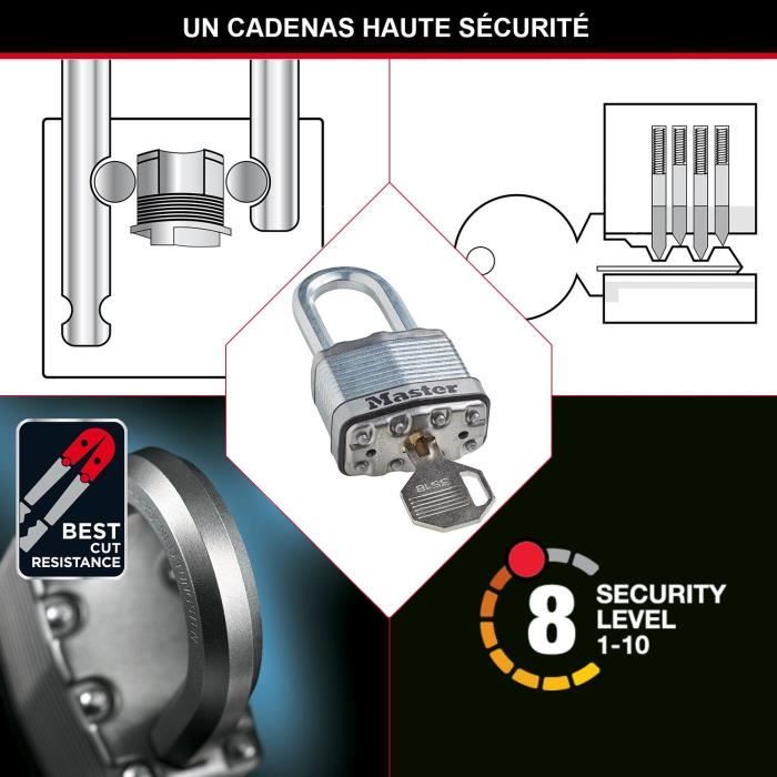 Cadenas Haute Sécurité - MASTER LOCK - M1EURDLFCC - A Clé - Acier Laminé - Extérieur - Anse M