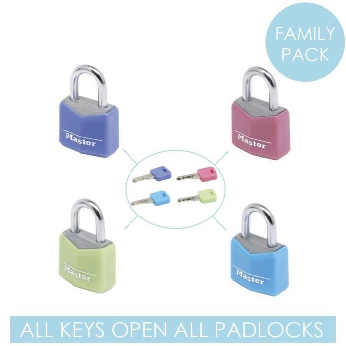 Petits Cadenas - MASTER LOCK - 9120EURQCOLNOP - Clés communes - Pack Familiale de 4 - Couleurs assorties