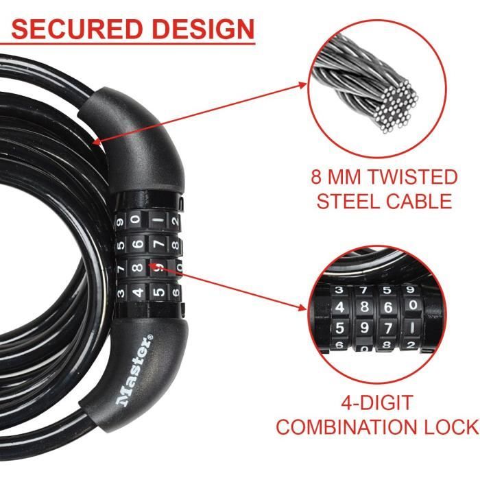 Antivol Vélo - MASTER LOCK - 8221EURDPRO - Câble torsadé 1,8m - Combinaison programmable