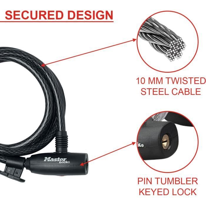 Antivol Câble Vélo - MASTER LOCK - 8232EURDPRO - 1,8 m Câble - Clé - Extérieur