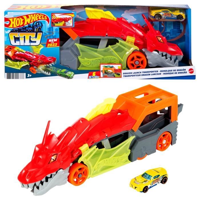 Hot Wheels City - Transporteur Dragon Lanceur 2-en-1 - Camion / Petite voiture - Des 3 ans GTK42