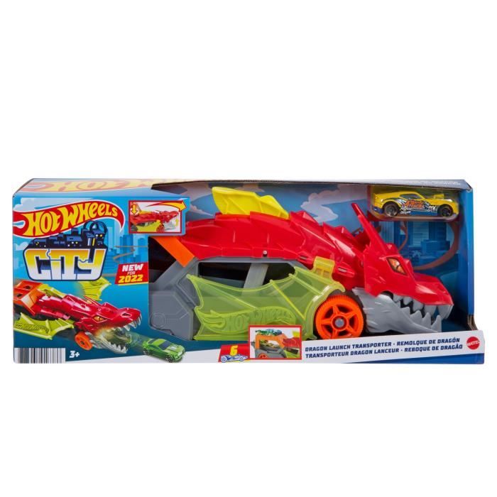 Hot Wheels City - Transporteur Dragon Lanceur 2-en-1 - Camion / Petite voiture - Des 3 ans GTK42