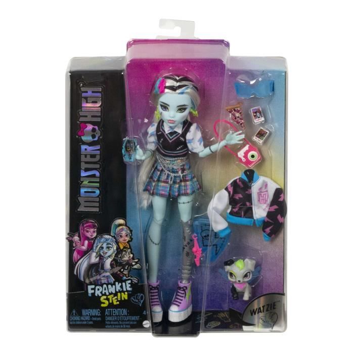 Monster High-Frankie Stein-Poupée avec animal, cheveux noirs et bleus HHK53