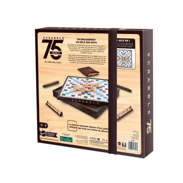 SCRABBLE Premium Edition 75eme anniversaire Plateau en bois - MATTEL GAMES - HPK87 - Jeux famille Scrabble 75 ans - 2 a 4 joueurs