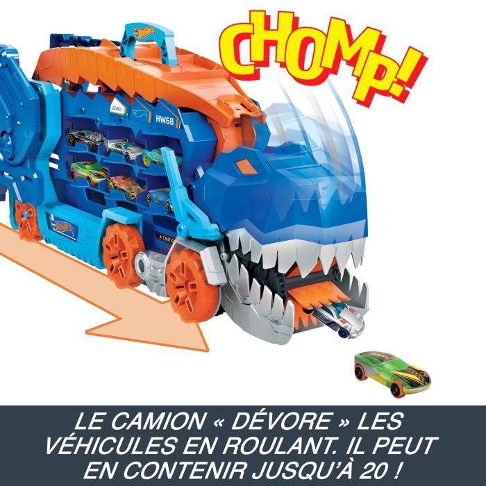 Hot Wheels City-Transporteur T-Rex pour +20 voitures, piste de course HNG50