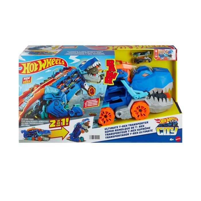 Hot Wheels City-Transporteur T-Rex pour +20 voitures, piste de course HNG50