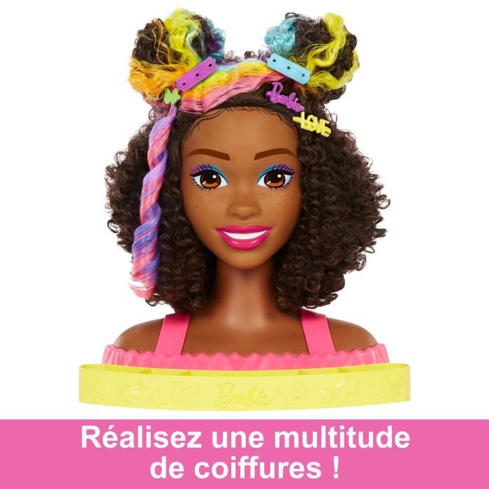 Barbie-Ultra Chevelure-Tete a Coiffer brune frisée meches arc-en-ciel HMD79