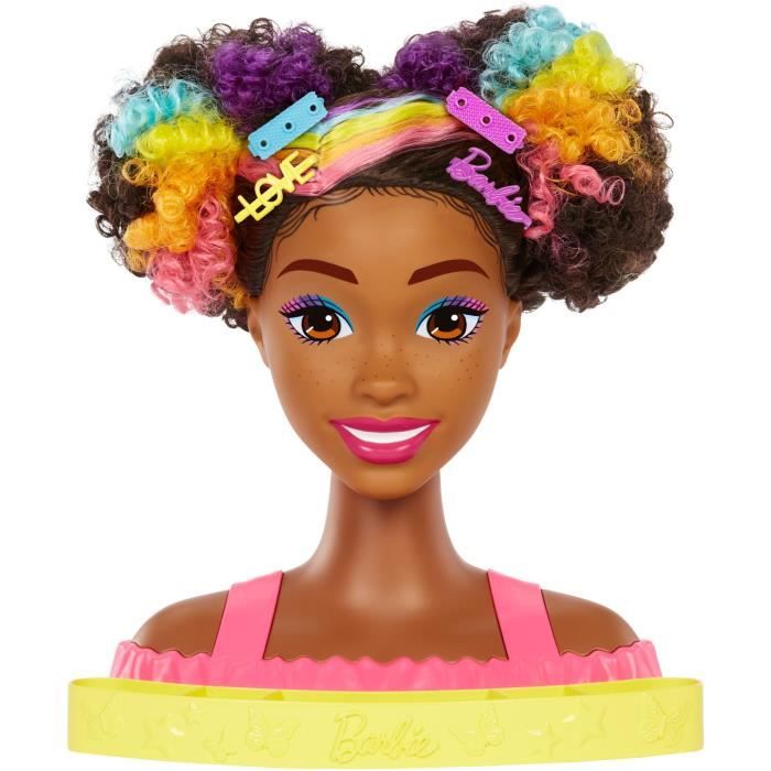 Barbie-Ultra Chevelure-Tete a Coiffer brune frisée meches arc-en-ciel HMD79