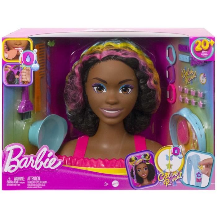 Barbie-Ultra Chevelure-Tete a Coiffer brune frisée meches arc-en-ciel HMD79