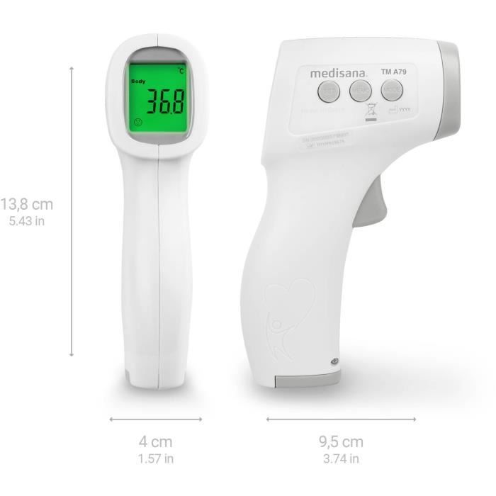 Thermemetre sans contact TM A79 medisana. Alarmes visuelle (3 couleurs) et sonore. Dispositif médical certifié. 50 mémoires.