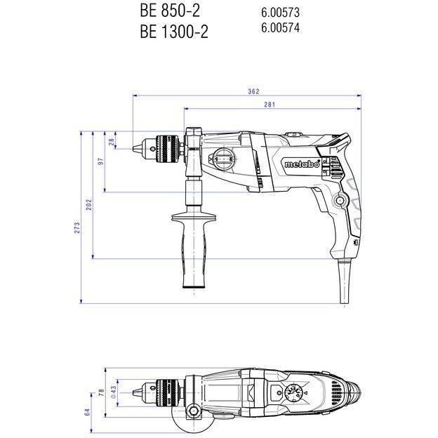 Perceuse - METABO - BEV 1300-2 - Mandrin a clé - Poignée supplémentaire - Béton