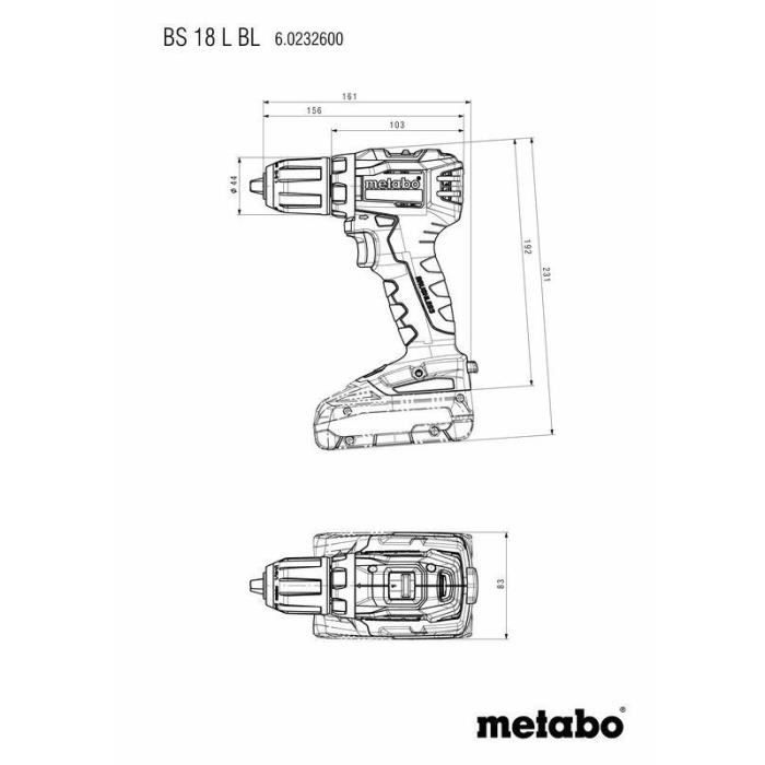 Pack Perceuse visseuse Compacte brushless sans fil 18V 55Nm mandrin 13mm+ 2 batteries 2Ah + chargeur + Metabox145 -METABO- BS18LBL