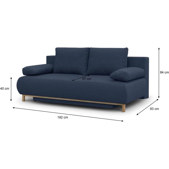 Banquette convertible 3 places MIKA - Tissu bleu foncé - Coffre de rangement - L 192 x H 84 x P 93 cm