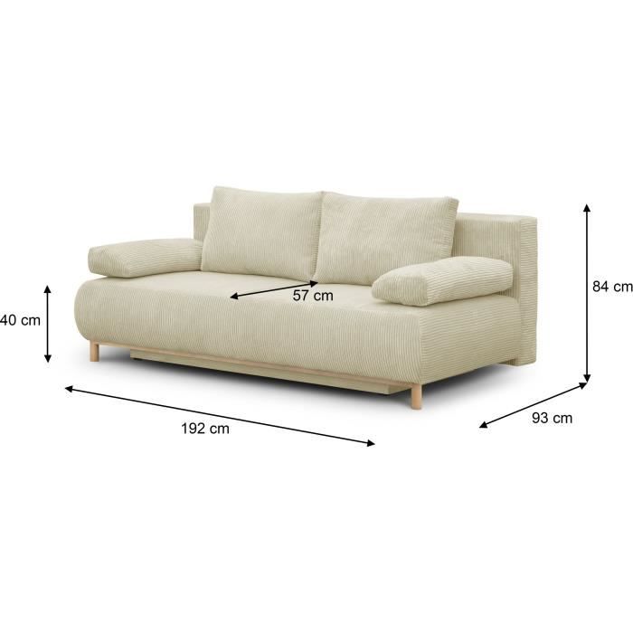 Banquette convertible 3 places MIKA - Velours côtelé Beige - Coffre de rangement - L 192 x H 84 x P 93 cm