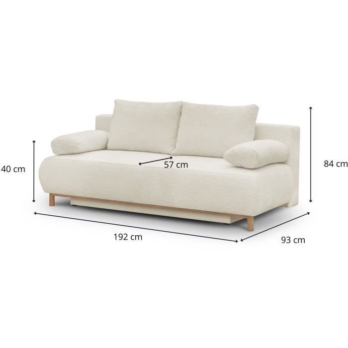 Banquette convertible 3 places MIKA - Tissu Bouclette beige - Coffre de rangement - L 192 x H 84 x P 93 cm