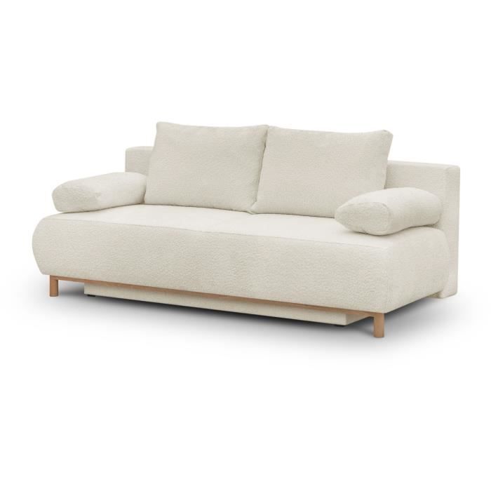 Banquette convertible 3 places MIKA - Tissu Bouclette beige - Coffre de rangement - L 192 x H 84 x P 93 cm