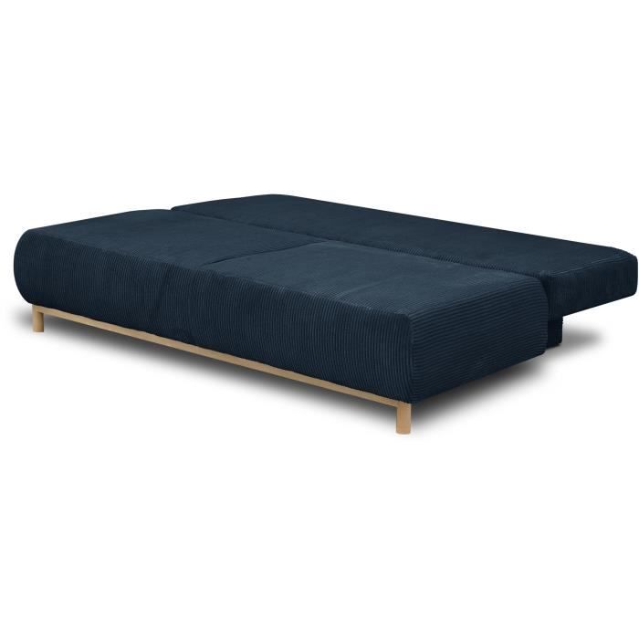 Banquette convertible 3 places MIKA - Velours côtelé bleu foncé - Coffre de rangement - L 192 x H 84 x P 93 cm