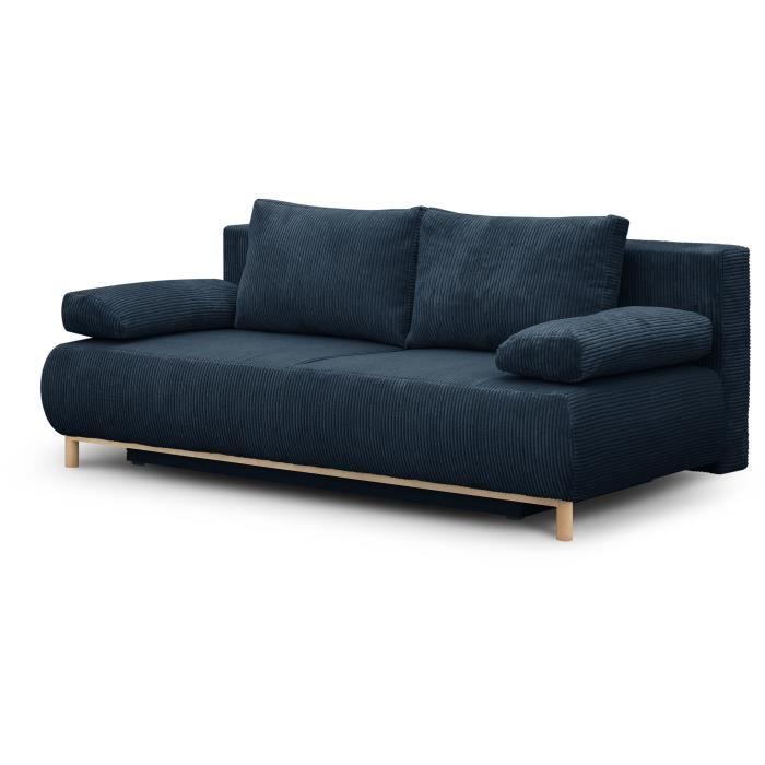 Banquette convertible 3 places MIKA - Velours côtelé bleu foncé - Coffre de rangement - L 192 x H 84 x P 93 cm