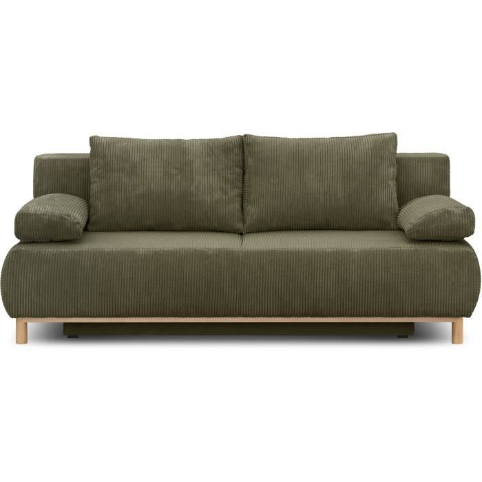 Banquette convertible 3 places MIKA - Velours côtelé vert kaki - Coffre de rangement - L 192 x H 84 x P 93 cm