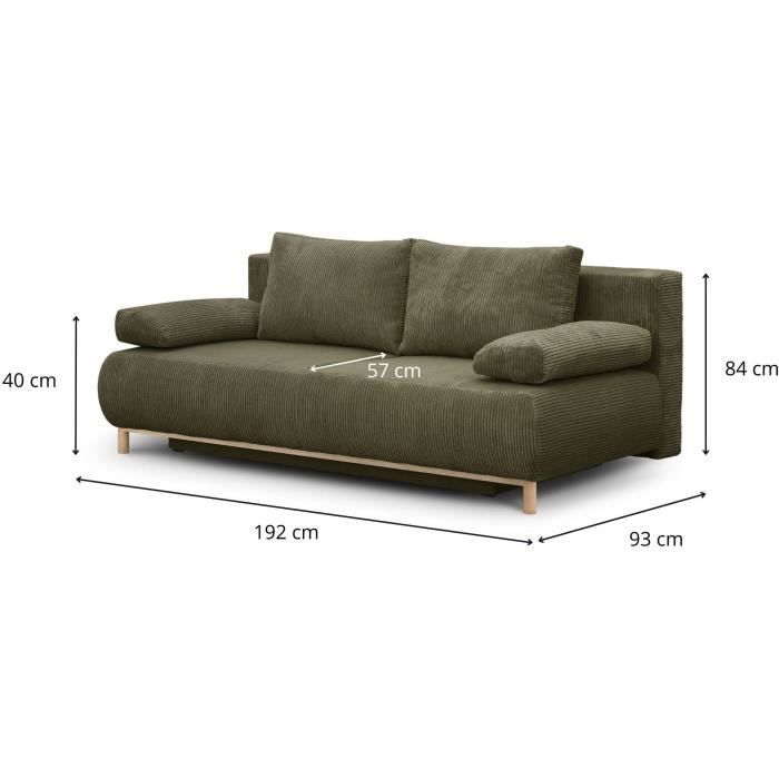 Banquette convertible 3 places MIKA - Velours côtelé vert kaki - Coffre de rangement - L 192 x H 84 x P 93 cm