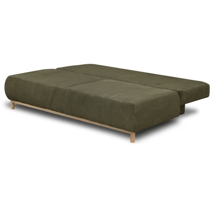 Banquette convertible 3 places MIKA - Velours côtelé vert kaki - Coffre de rangement - L 192 x H 84 x P 93 cm