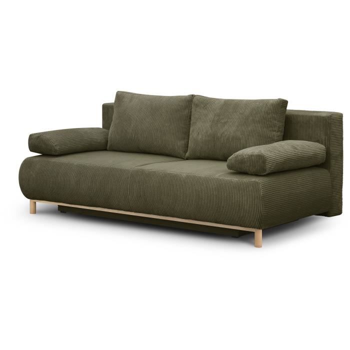 Banquette convertible 3 places MIKA - Velours côtelé vert kaki - Coffre de rangement - L 192 x H 84 x P 93 cm